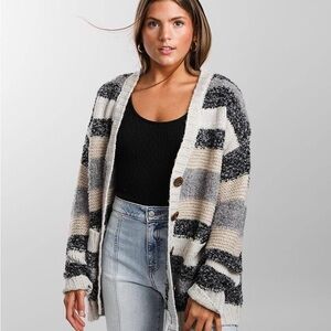 BKE Oversized Striped Cardigan - Black, Gray & Cream